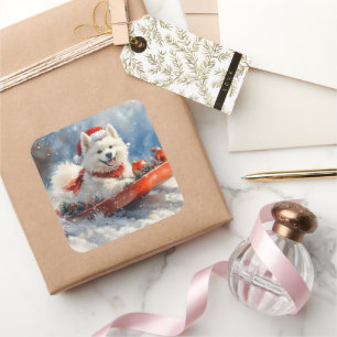 Samoyed Dog in Sledge Let it Snow Christmas Quadratischer Aufkleber