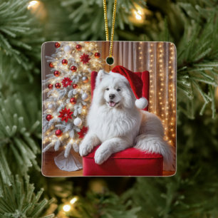 Samoyed Dog mit Santa Claus Hat Keramikornament