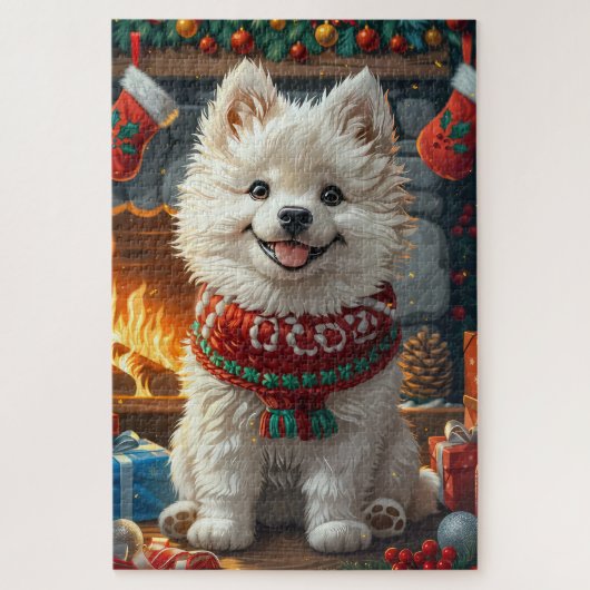 Samoyed Dog mit Weihnachtsgeschenke Kamin Puzzle (Vertikal)
