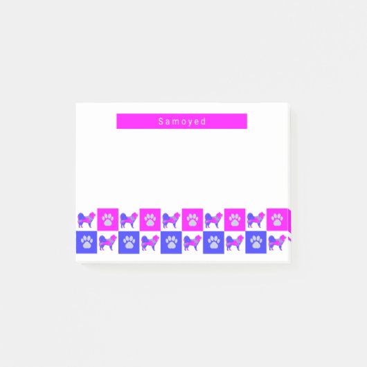 Samoyed Dog & Paw Hot Pink & Blue Silhouette Post-it Klebezettel (Vorderseite)