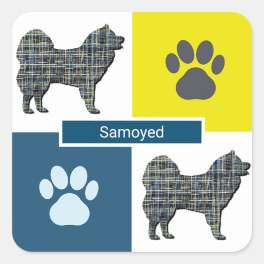 Samoyed Dog & Paw Y&B Grid Quadratischer Aufkleber (Vorderseite)