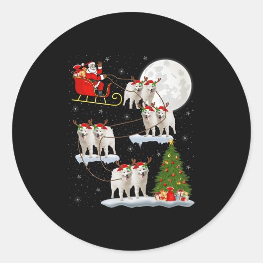 Samoyed Dog Santa Sleigh Flying Funny Magical Chri Runder Aufkleber (Vorderseite)