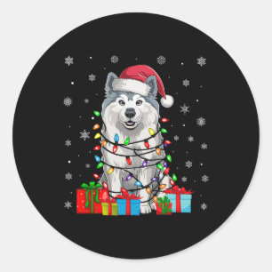 Samoyed Dog Ugly Xmas Lights Weihnachtsmannmütze S Runder Aufkleber