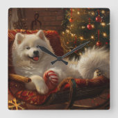 Samoyed Dog Weihnachtsfest Quadratische Wanduhr (Vorderseite)