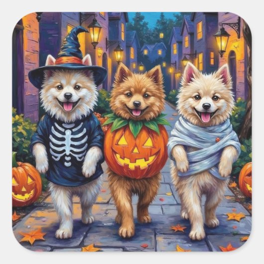 Samoyed Dogs Trick-or-Treating Halloween Costumes Quadratischer Aufkleber (Vorderseite)