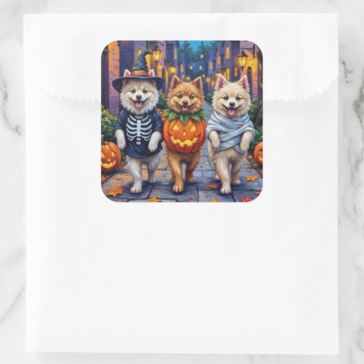 Samoyed Dogs Trick-or-Treating Halloween Costumes Quadratischer Aufkleber (Tasche)