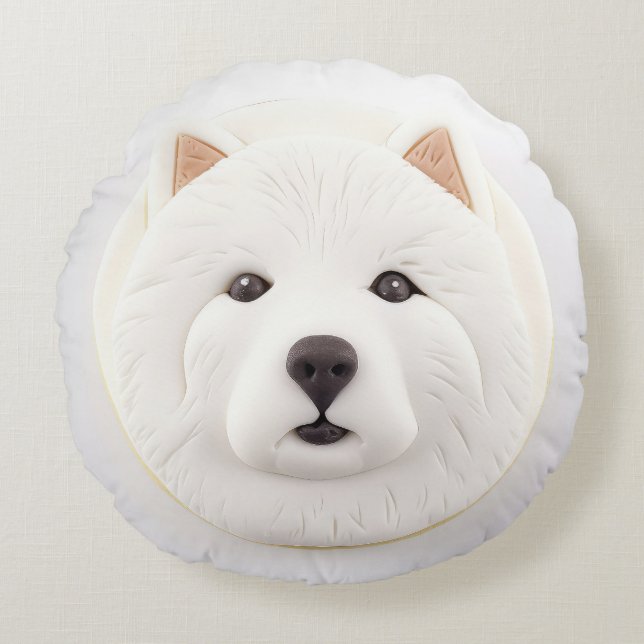 Samoyed Hund 3D Inspiriert Rundes Kissen (Vorderseite)