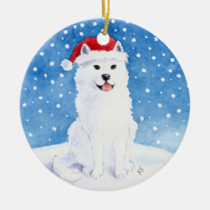 Samoyed-Hund in der Weihnachtsmann-Hut Keramikornament
