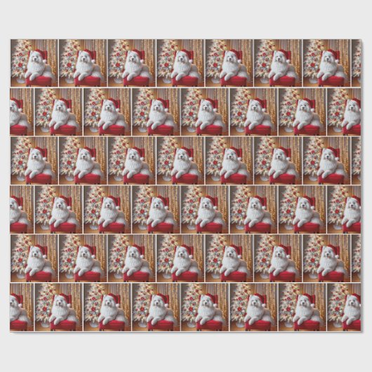 Samoyed Hund trägt einen Weihnachtshut Geschenkpapier (Flach)