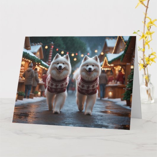 Samoyed Hunde Weihnachts-Schneeurlaub Karte (Gelbe Blume)