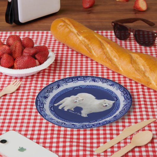 Samoyed Mini-Portrait auf Blue Willow Paper Teller (Picknick)