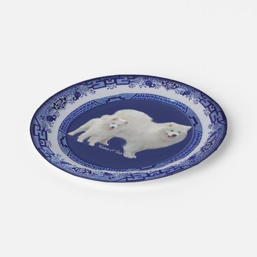 Samoyed Mini-Portrait auf Blue Willow Paper Teller (Schrägansicht)