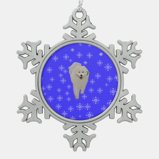 Samoyed mit Blau, Schneeflocken Zinn-Ornament (Vorderseite)