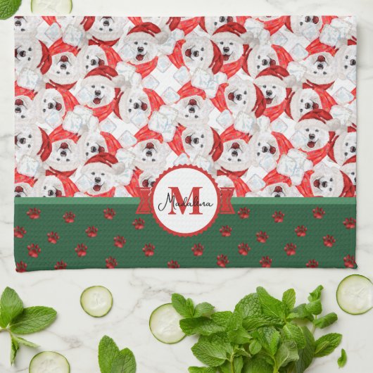 Samoyed Pattern Monogram Christmas Dog Geschirrtuch (Gefaltet)