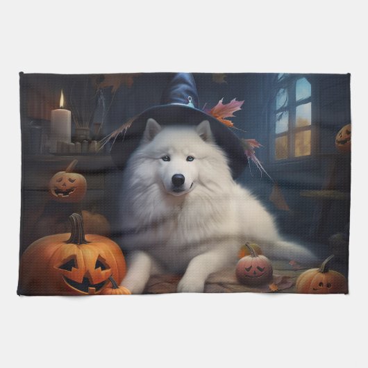 Samoyed Pumpkins Halloween Beängstigend Geschirrtuch (Horizontal)