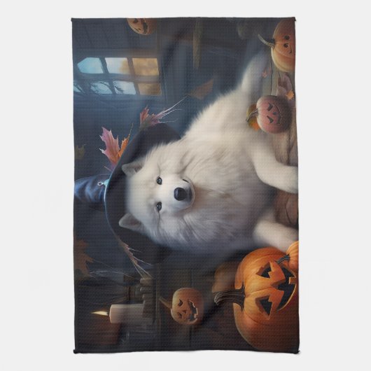 Samoyed Pumpkins Halloween Beängstigend Geschirrtuch (Vertikal)