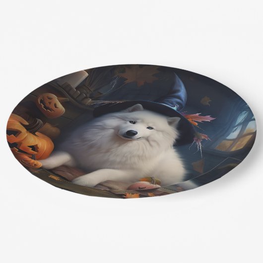 Samoyed Pumpkins Halloween Beängstigend Pappteller (Schrägansicht)