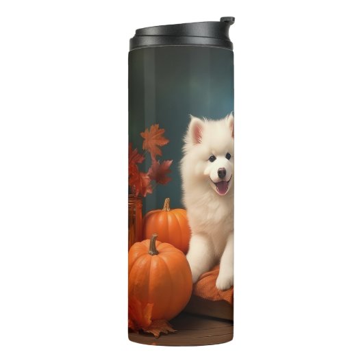 Samoyed Puppy Autumn Delight Pumpen Thermosbecher (Nach links gedreht)