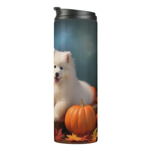 Samoyed Puppy Autumn Delight Pumpen Thermosbecher (Nach rechts gedreht)