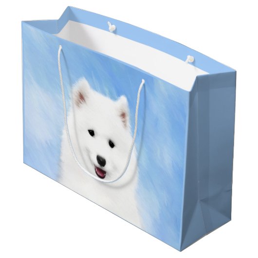 Samoyed Puppy Malerei - Niedliche Original Dog Art Große Geschenktüte (Rückseite Schrägansicht)