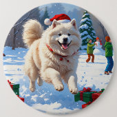 Samoyed Running in Snow mit Weihnachtshut Button (Vorderseite)