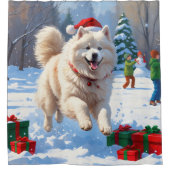 Samoyed Running in Snow mit Weihnachtshut Duschvorhang (Vorderseite)