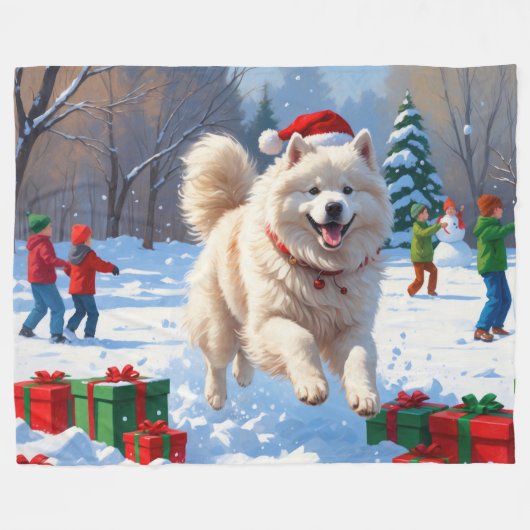Samoyed Running in Snow mit Weihnachtshut Fleecedecke (Vorderseite (Horizontal))