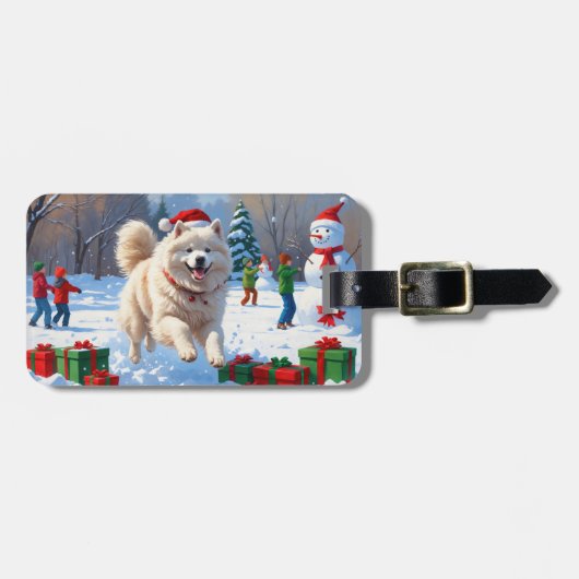 Samoyed Running in Snow mit Weihnachtshut Gepäckanhänger (Vorderseite horizontal)