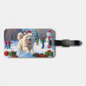 Samoyed Running in Snow mit Weihnachtshut Gepäckanhänger (Rückseite horizontal)