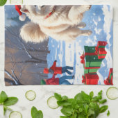 Samoyed Running in Snow mit Weihnachtshut Geschirrtuch (Gefaltet)