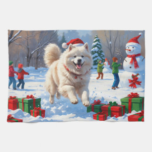 Samoyed Running in Snow mit Weihnachtshut Geschirrtuch