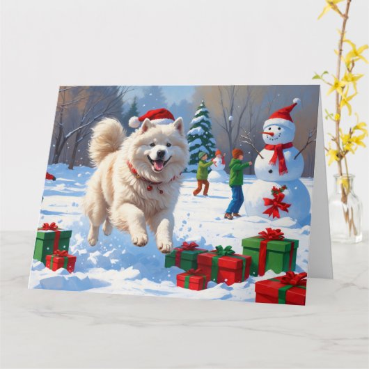 Samoyed Running in Snow mit Weihnachtshut Karte (Gelbe Blume)