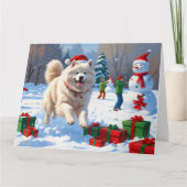 Samoyed Running in Snow mit Weihnachtshut Karte (Vorderseite)