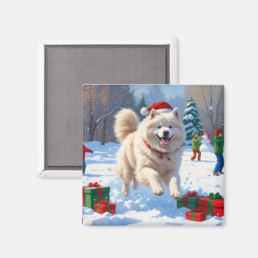 Samoyed Running in Snow mit Weihnachtshut Magnet (Vorderseite/Rückseite)