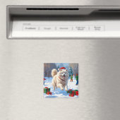 Samoyed Running in Snow mit Weihnachtshut Magnet (In Situ (Geschirrspüler))