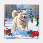 Samoyed Running in Snow mit Weihnachtshut Magnet (Vorne)