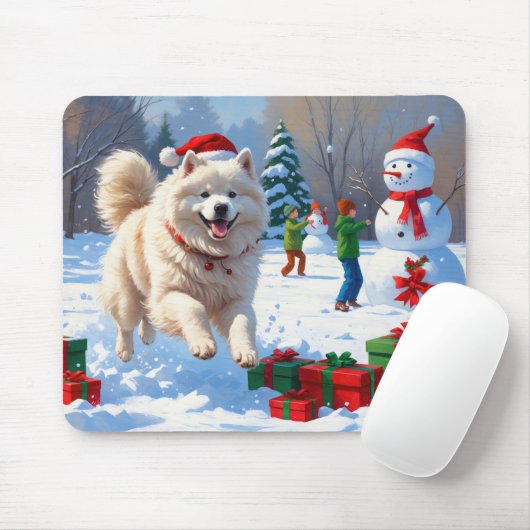 Samoyed Running in Snow mit Weihnachtshut Mousepad (Mit Mouse)