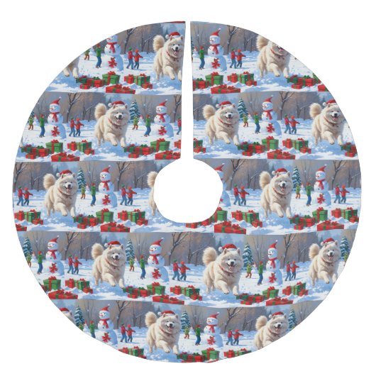 Samoyed Running in Snow mit Weihnachtshut Polyester Weihnachtsbaumdecke (Vorderseite)