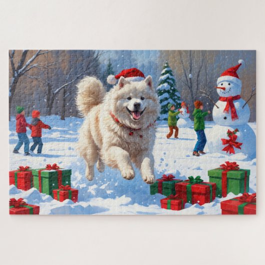 Samoyed Running in Snow mit Weihnachtshut Puzzle (Horizontal)