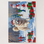 Samoyed Running in Snow mit Weihnachtshut Puzzle (Vertikal)