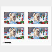 Samoyed Running in Snow mit Weihnachtshut Rechteckiger Aufkleber (Blatt)