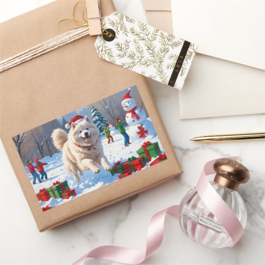 Samoyed Running in Snow mit Weihnachtshut Rechteckiger Aufkleber (Schenken)