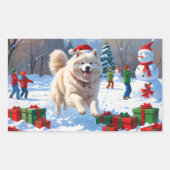 Samoyed Running in Snow mit Weihnachtshut Rechteckiger Aufkleber (Vorderseite)