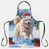 Samoyed Running in Snow mit Weihnachtshut Schürze (Vorderseite)
