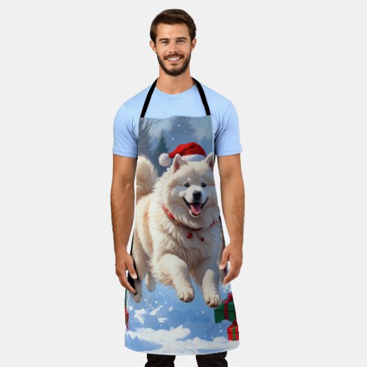 Samoyed Running in Snow mit Weihnachtshut Schürze (Getragen)