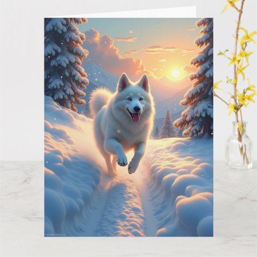Samoyed Snowy Mountain Adventure Christmas Karte (Gelbe Blume)