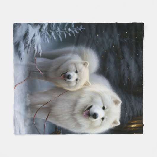 Samoyed Snowy Sleigh Weihnachtsdekor Fleecedecke (Vorderseite (Horizontal))