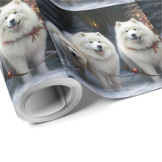 Samoyed Snowy Sleigh Weihnachtsdekor Geschenkpapier (Rolleneckpunkt)