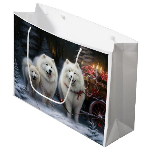 Samoyed Snowy Sleigh Weihnachtsdekor Große Geschenktüte (Vorderseite Schrägansicht)