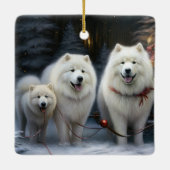 Samoyed Snowy Sleigh Weihnachtsdekor Keramikornament (Rückseite)